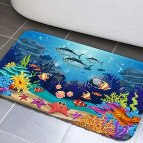 JAWO Ocean Fish Bathroom Rug for Kids, Underwater Sea Non Slip Bath Mat with Under The Sea Tropical Turtle Blue Ocean Fish Bathroom Accessories Shower Mat Kitchen Rug for Toilet Tub RV (17X29inches)