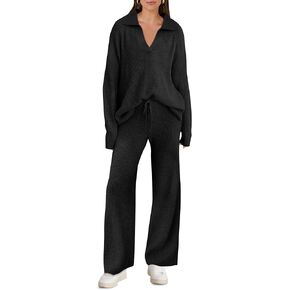 ANRABESS Womens Two Piece Outfits Sweater Sets Waffle Knit Pullover Wide Leg Pants Tracksuit Sweatsuits Matching Lounge Set