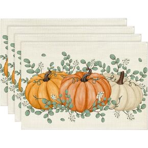 Artoid Mode Polka Dot Pumpkins Vine Fall Placemats Set of 4, 12x18 Inch Seasonal Autumn Table Mats for Party Kitchen Dining Decoration