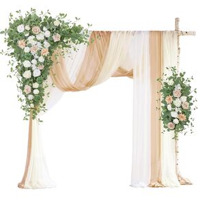 Wedding Arch Flowers with Drapes Kit (Pack of 5) - 2pcs Artificial Dusty Rose Deluxe Swag with 3pcs Hanging Sheer Drapes for Wedding Ceremony Arbor Reception Backdrop Rose Floral Decoration