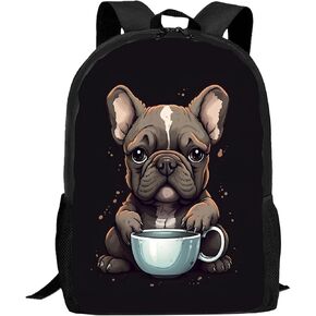 FREE LION Kids French Bulldog Backpack for Boys Girls Cute Dog Puppy French Bulldog Drink Coffee Bookbags Elementary Middle High School Bag Large Capacity Backpack for School & Travel, 17 inches
