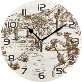 Kigai Western Desert Cowboy Clock Silent Round Wall Clock Non Ticking Battery Device Clocks Creative Decoration Wall Clock for Living Room Bedroom Office Kitchen