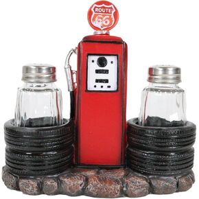 Ebros Gift Vintage Nostalgia Route 66 Highway Stop Old Fashioned Red Gas Pump Station Salt And Pepper Shaker Holder Figurine Cross Country Road Trip Lovers Kitchen Accent