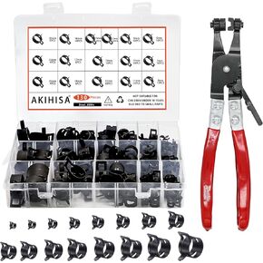 AKIHISA 130pcs 6-25mm Spring Band Hose Clamp Assortment Kit with Hose Clamp Pliers, 16 Sizes Spring Hose Clip Fuel Line Silicone Vacuum Hose Pipe Clamp, Air Hose Tube Water Pipe Fasteners