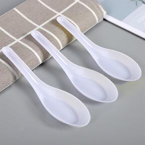 Disposable wihte Plastic Spoons, 50 PCS Asian Soup Spoons,Chinese Spoons,tasting spoon,front dish spoon,Plastic Cutlery(White flat bottom)