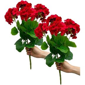 NFNSIG 2PCS 13.8in Artificial Geraniums Bush, Faux Geraniums Silk Flowers, UV Resistant, Outdoor Plant Geraniums for Floral Home Decor Indoor Garden Patio Grave Cemetary Vase(Red)