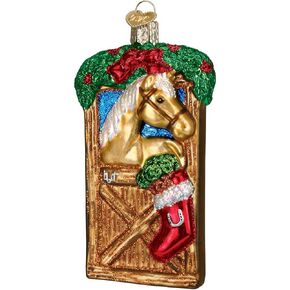 Old World Christmas Selection Glass Blown Ornaments for Christmas Tree Horse in Stall, Brown/Tan/Red/Green, 4. 25inch x 2inch x 1. 25inch