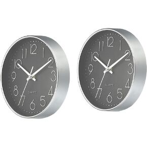 PATIKIL 8 Inch Round Wall Clock, 2 Pack Battery Operated Silent Non-Ticking Wall Clocks with Silver Arabic Numerals for Office Bedroom Kitchen Decor, Black