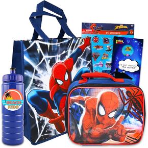 Spiderman Lunch Box Set - Bundle with Spidey Lunch Bag, Marvel Tote, Stickers, More | Spider-Man Spiderverse School Supplies for Kids