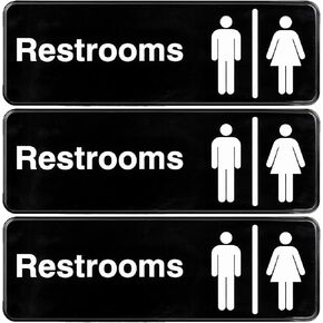 Excello Global Products Men/Woman Restroom Sign: Easy to Mount Informative Plastic Sign with Symbols 9"x3", Pack of 3 (Black)