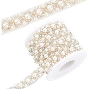 BENECREAT 3.3 Yard Faux Pearls Lace Ribbon, 0.6" Wide Black Beaded Crystal Rhinestone Applique Edge Lace Ribbon for Sewing Wedding Dress Costume Home Decoration
