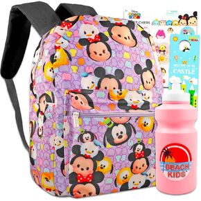 Disney Tsum Tsum Backpack for Girls Women - Large 16" Disney Backpack w Mickey Mouse Minnie Mouse Daisy Duck Donald Duck Goofy Pluto, Tsum Tsum Stickers | Cute Disney School Backpack Bundle