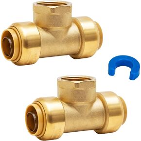 SUNGATOR 3/4 Inch Pushfit Female Tee, 3/4 Inch PTC x 3/4 Inch PTC x 3/4 Inch FNPT, No Lead Brass Push-to-Connect Plumbing Fittings to Connect PEX, Copper, CPVC, With A Disconnect Clip, Pack of 2