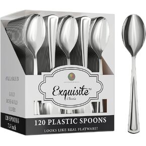 120 Pack Silver Plastic Spoons Heavy Duty - Silver Disposable Silverware - Silver Plastic Silverware - Silver Spoons Disposable Plastic Cutlery - For Catering, Parties, Weddings & More Exquisite.