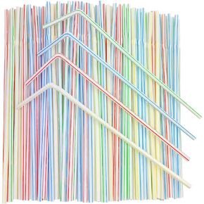 〖500packs〗 Flexible Plastic Straws -9.45" Extra Height Bendy Straws Prefer for Tumblers/Bottled Drinks/All Hot or Cold Drinking Striped Color Mixed
