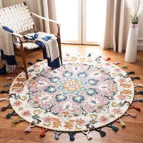 SAFAVIEH Novelty Collection 4' Round Pink / Blue NOV576M Handmade Boho Floral Tassel Wool Area Rug