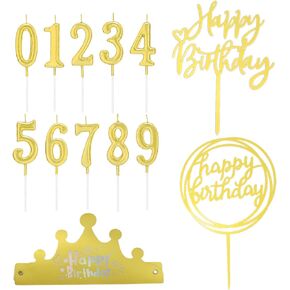 13Pcs Gold Birthday Cake Candles Topper Crown Set - Gold Number Candles 0 1 2 3 4 5 6 7 8 9, 2Pcs Gold Birthday Cake Toppers and Gold Birthday Paper Crown Hat for Decoration Party Celebration