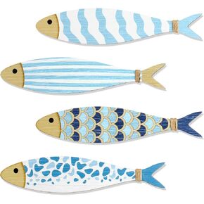 Zzbakress 4 Ps Vintage Beach Wall Decor Wooden Fish Nautical Wall Art Coastal Wall Art Blue Fish Wall Sculpture Lake House Hanging Decor Ocean Room Decor for Bathroom Bedroom (Cute, 4)