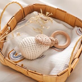 Wooden Baby Rattle Lovely Crochet Bunny Ring Rattle, Newborn Animal Rattle Toys, Baby Toys for Baby and Infant, Beige Bunny