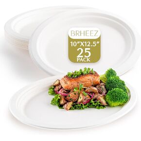brheez Disposable Oval Paper Dinner Plates (25pk) Heavy Duty Better Than Paper Plates (10"x12.5") Natural, Compostable Disposable Platters, Large Oval Paper Plates-Heavy Duty