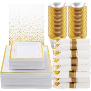 Goodluck 176 Piece Black Dinnerware Set for 25 Guests, Black Square Plastic Plates with Gold Trim, Include: 50 Gold Plastic Plates, 25 Rolled Napkins, 25 Cups, 25 Cutlery Set and 1 Tablecloth