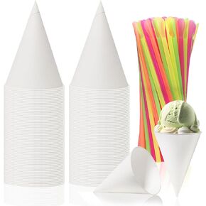 6 oz Snow Cone Cups and Straws,100pcs White Paper Cone Cups, with 100pcs Neon Spoon Straws,Leakproof Snow Cone Cups for Ice Cream,Shaved Ice,Water