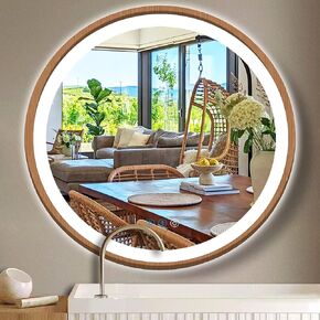 24 Inch Wood Bathroom Round LED Mirror with Lights Wood Frame Round Lighted Mirror for Bathroom Wall Round Vanity Lighted Mirrors 3 Color Dimmable Anti Fog Bathroom Circle Smart Light up Mirror