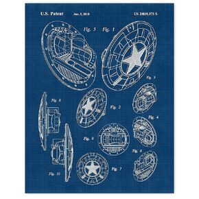 Vintage Captain America Shield Patent Prints, 1 (11x14) Unframed Photos, Wall Art Decor Gifts Under 20 for Home Movie Office Hero Garage Shop School College Student Teacher Coach Comic-Con Superhero