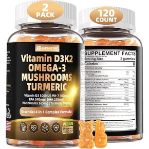 Vitamin D3 5000IU + K2 (MK-7) 100mcg, with Algae Omega 3, Turmeric & Mushroom Blend Supplement,Vitamin E – Sugar Free | Ultimate Absorption - Immune Support, Bone Health, Antioxidant Protection