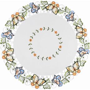 Embroidered Colorful Butterfly on Ivory, Round Doily, Table Centerpiece, Round Table Runner (33 Inch Round)
