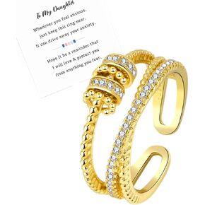 Anxiety Ring for Daughter, 18K Gold Fidget Ring for Daughter from Mom to My Daughter Cubic Zirconia Adjustable Thumb Stress Anxiety Relief Ring for Women Teens Girls with Beads Spinner