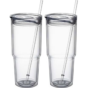 MEWAY 30oz/2 pcs Classic Insulated Tumblers,Double Wall Acrylic Tumbler with Lid，Reusable Plastic Insulated Tumblers with Straw，for cold drinks, sand ice, whatever you like(transparent,2 pack)