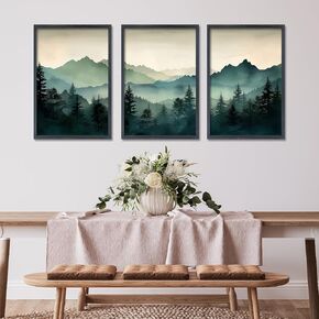 3 Piece Sage Green Mountain Wall Art 16x11 Inch Nature Landscape Forest Modren Wood Framed Sign Office Minimal Watercolor Pine Tree Pictures For Living Room Bedroom Wall Hang Decor (Black)