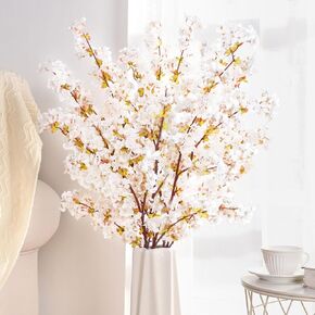 Elyum 3 Pcs Artificial Cherry Blossom Branches, 39.4 Inches White Cherry Blossom Decor Long Stem Artificial Flowers for Tall Vase, Silk Cherry Blossom Tree Stems Spring Home Decor