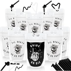 Domensi 16 Pcs Bride or Die Bachelorette Party Drink Pouches with Straws 15oz Reusable Drink Pouches Till Death Do Us Party for Gothic Halloween Adults Alcohol Bachelorette Cups Party Favors