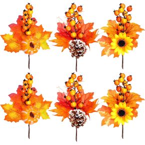 6 Pack Artificial Maple Leaves Branches Autumn Pumpkin Berry Twig Stem Orange Fall Stems Fake Artificial Flower Picks for Thanksgiving Christmas Harvest Festival Decoration DIY Floral Arrangements