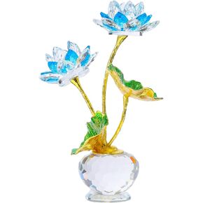 YWHL Blue Crystal Lotus Flower Figurine with Vase, Handmade Lotus Gifts Bouquet for Women on Birthday Christmas Mother's Day, Glass Lotus Flower Home Party Office Decor