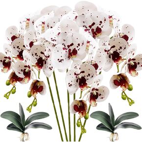 HinyoCo 5 Pcs Artificial Orchid Flowers and 2 Bundles Leaves，White with Spots Artificial Phalaenopsis Flowers 28 Inch Stem Plants for Home Wedding Decoration