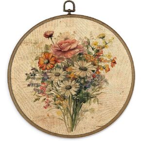 MAQIKA Vintage Floral Framed Wall Art Decor, Botanical Floral Wall Art, Farmhouse Flower Round Wall Hanging Decor,Boho Flowers Floral Canvas Prints Wall Art for Bedroom Kitchen Living Room,10x10 Inch