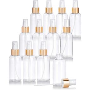 JUVITUS 4 oz / 120 ml Clear Plastic PET Boston Round Bottle (BPA Free) with Gold Fine Mist Spray (12 pack)