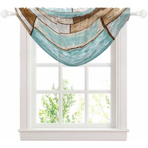 Sage Green Brown Farmhouse Sheer Waterfall Valance Curtains for Window, Vintage Rustic Wooden Texture Rod Pocket Sheer Topper Swag Curtains for Living Room, Kitchen 38.5"W x 47.2"L, 3 Panels