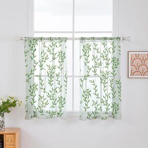 42Inch Length Sheer Willows Curtains Set of 2 Panels, Green Voile Drapes for Window Decor in Living Room, Bedroom, Balcony - Rod Pocket Design