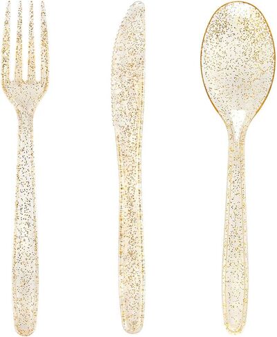 WDF 360 Gold Plastic Silverware - Disposable Gold Glitter Plastic Cutlery - Plastic Silverware inluding: 120 Gold Forks, 120 Gold Spoons, 120 Gold Knives for Wedding/Party in Saudi Arabia