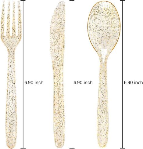 WDF 360 Gold Plastic Silverware - Disposable Gold Glitter Plastic Cutlery - Plastic Silverware inluding: 120 Gold Forks, 120 Gold Spoons, 120 Gold Knives for Wedding/Party in Saudi Arabia