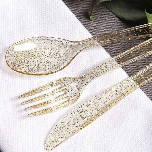WDF 360 Gold Plastic Silverware - Disposable Gold Glitter Plastic Cutlery - Plastic Silverware inluding: 120 Gold Forks, 120 Gold Spoons, 120 Gold Knives for Wedding/Party in Saudi Arabia