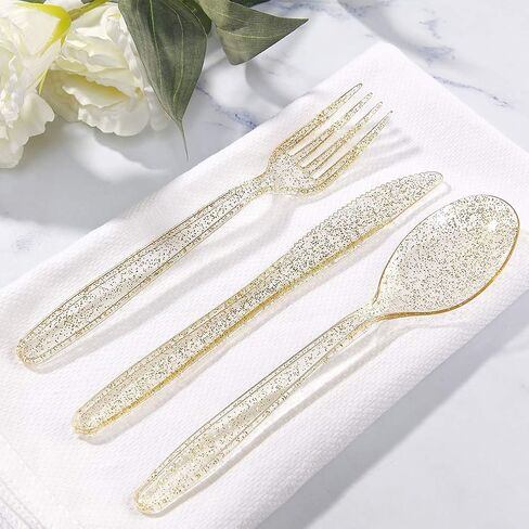 WDF 360 Gold Plastic Silverware - Disposable Gold Glitter Plastic Cutlery - Plastic Silverware inluding: 120 Gold Forks, 120 Gold Spoons, 120 Gold Knives for Wedding/Party in Saudi Arabia