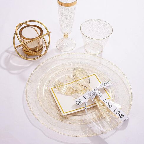 WDF 360 Gold Plastic Silverware - Disposable Gold Glitter Plastic Cutlery - Plastic Silverware inluding: 120 Gold Forks, 120 Gold Spoons, 120 Gold Knives for Wedding/Party in Saudi Arabia