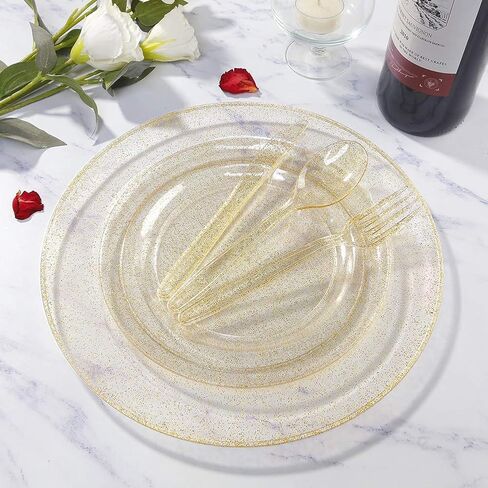 WDF 360 Gold Plastic Silverware - Disposable Gold Glitter Plastic Cutlery - Plastic Silverware inluding: 120 Gold Forks, 120 Gold Spoons, 120 Gold Knives for Wedding/Party in Saudi Arabia