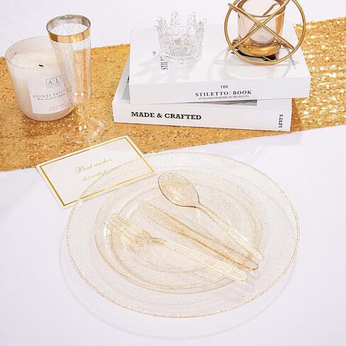 WDF 360 Gold Plastic Silverware - Disposable Gold Glitter Plastic Cutlery - Plastic Silverware inluding: 120 Gold Forks, 120 Gold Spoons, 120 Gold Knives for Wedding/Party in Saudi Arabia
