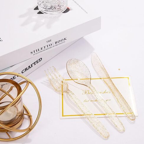 WDF 360 Gold Plastic Silverware - Disposable Gold Glitter Plastic Cutlery - Plastic Silverware inluding: 120 Gold Forks, 120 Gold Spoons, 120 Gold Knives for Wedding/Party in Saudi Arabia